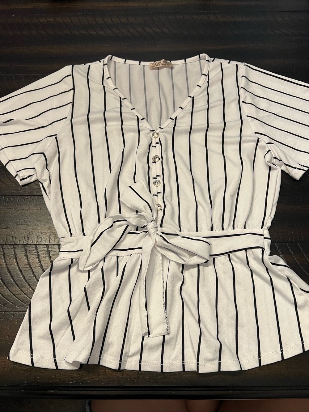 Lavish White V-Neck Button Front Tie-Waist Stripe Blouse